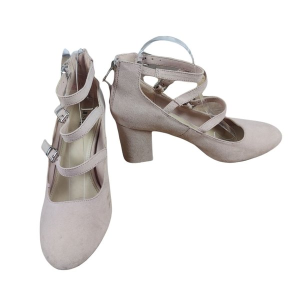 JustFab Shoes - JustFab tan/beige/"nude" Mary Jane style block heel shoes three straps GUC